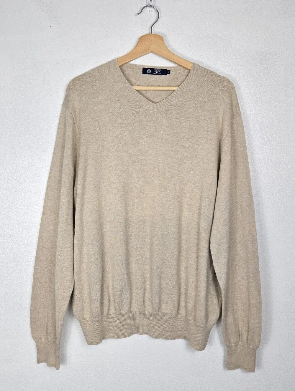J Crew Men's V Neck Knit Sweater Oatmeal Heather Beige Size XL Pullover